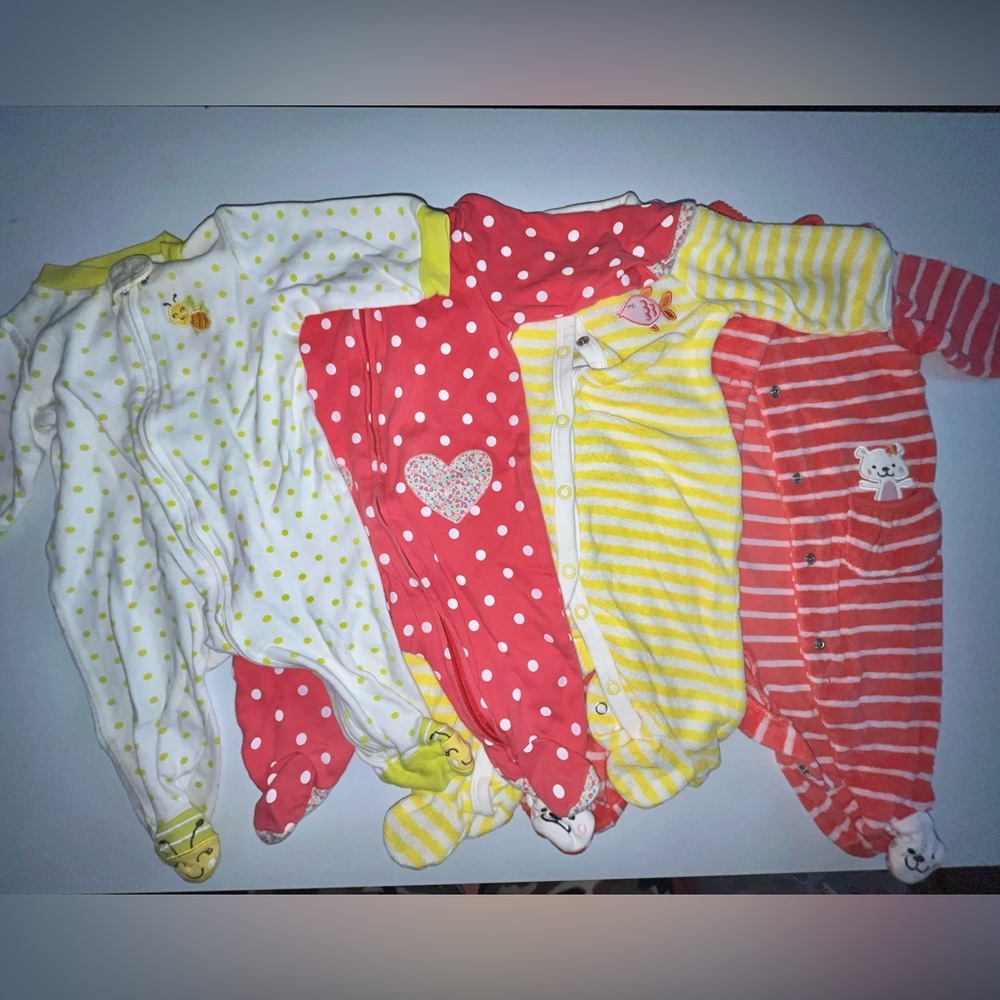 #1 LOT  of 4 baby girl clothes lot sleep N play Pink And Yellow 1 Spot see pic